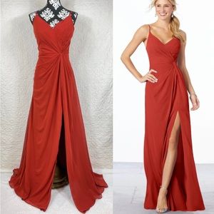 🔥Mori Lee Sleeveless Chiffon Side Slit Cinnamon Color Formal Maxi Dress Sz 10